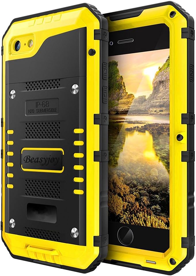 Beasyjoy for iPhone SE 2022/3rd/2020/8/7 Metal Case, Waterproof Heavy Duty with Screen Protector, Full Body Protective Shockproof Military Grade Drop-Proof Defender Durable Phone Case, Yellow