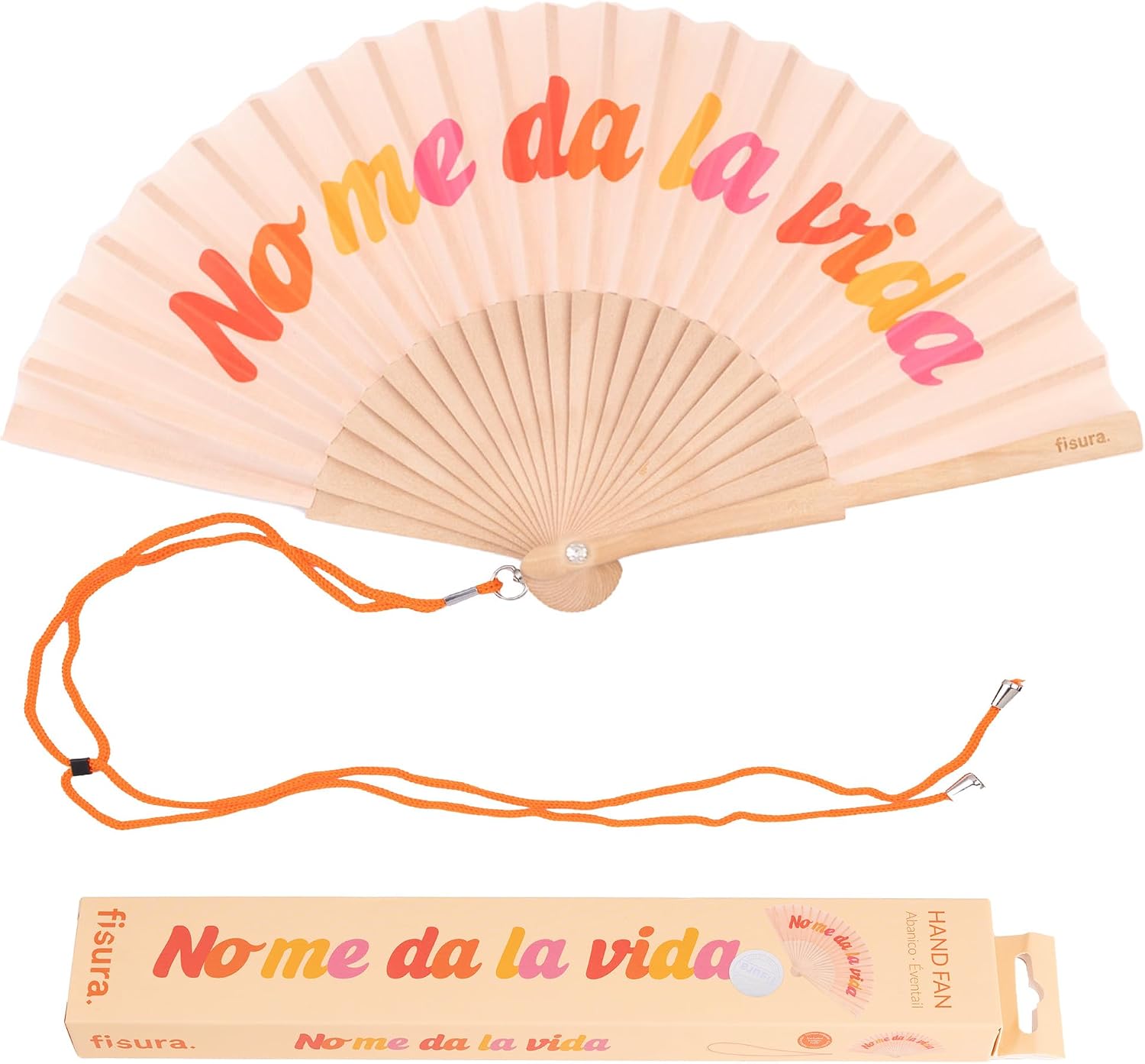 Fisura – Original Folding Fan with Message “no me da la vida | Wooden hand fan folding for women |Pink Design with Hanger for wedding, rave, festival | Size: 16.73 x 9.06 inches