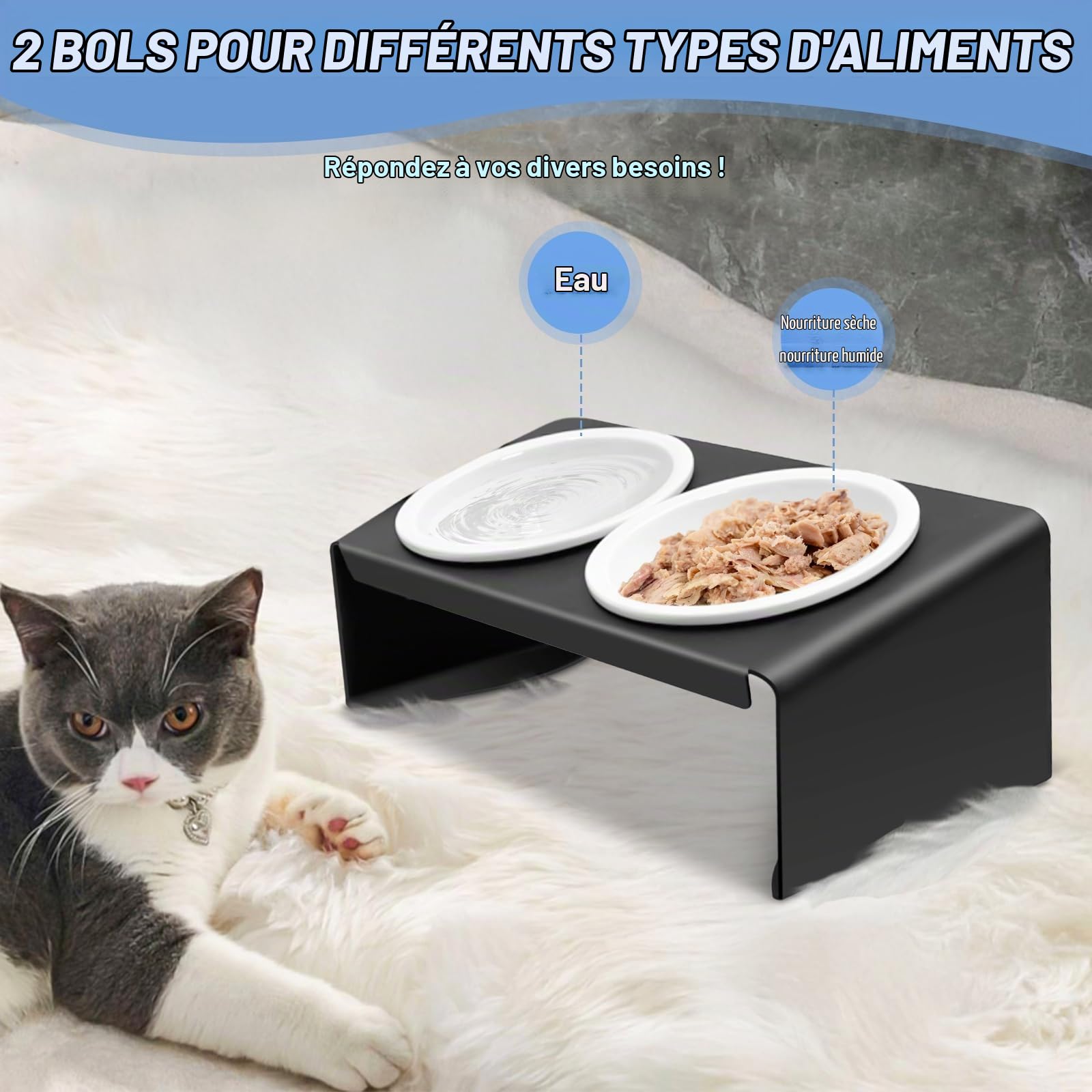 Gamelle Chat Surélevée, Gamelle pour Chien avec Support en Métal Antidérapant Incliné à 15°, 2X Bols Chat Ceramique de Nourriture