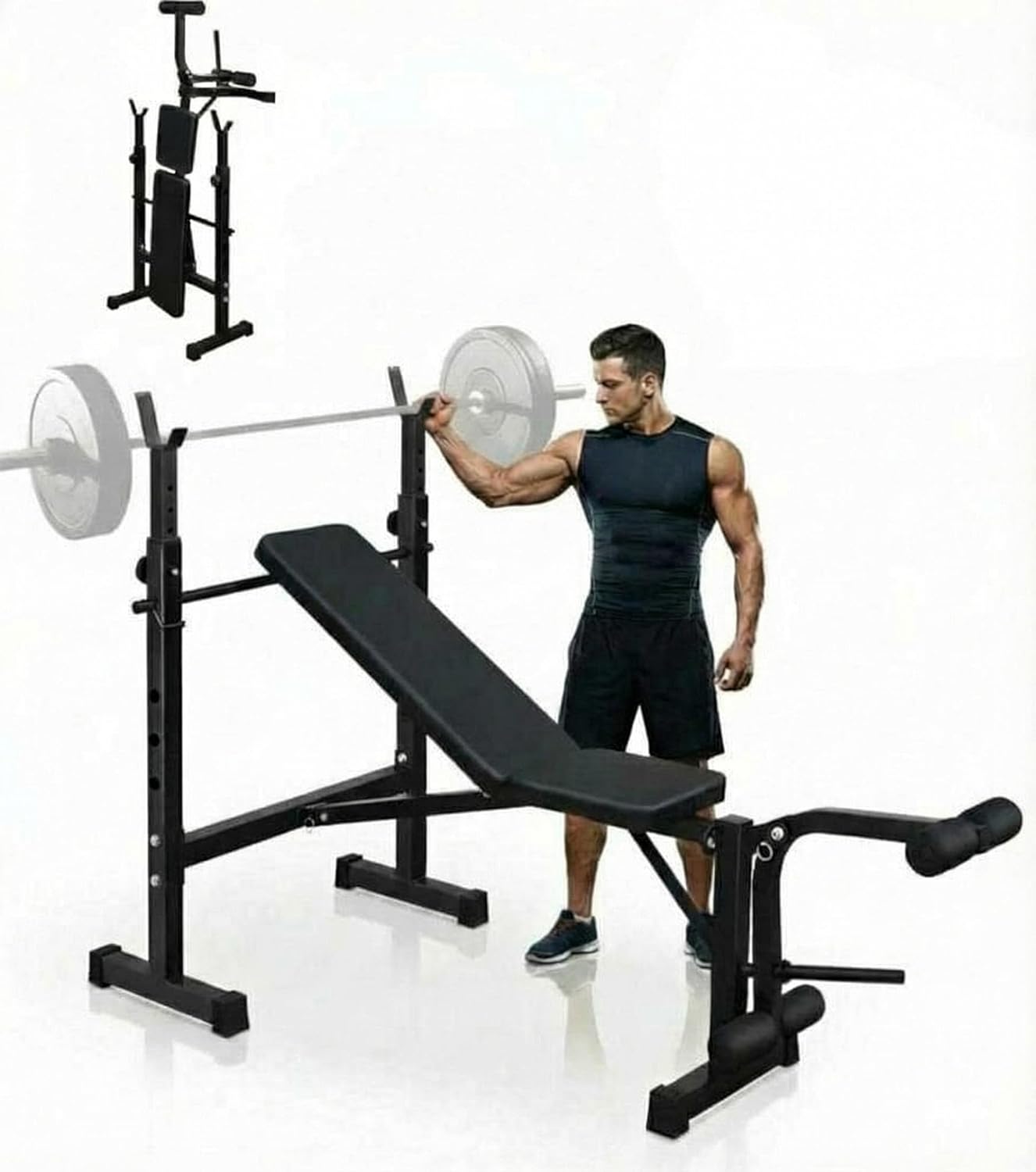 Adjustable Weight Bench Set with Barbell Rack, Multi-Function Strength Training Bench, Foldable Home Gym Equipment with Incline Decline Flat Positions