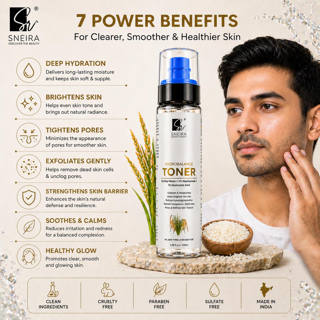 Hydrobalance Face Toner - 300ml Hydrating Face Mist with 3% Rice Water, 2% Niacinamide & 1% Hyaluronic Acid for Glowing Skin - Daily Facial Toner for Men & Women