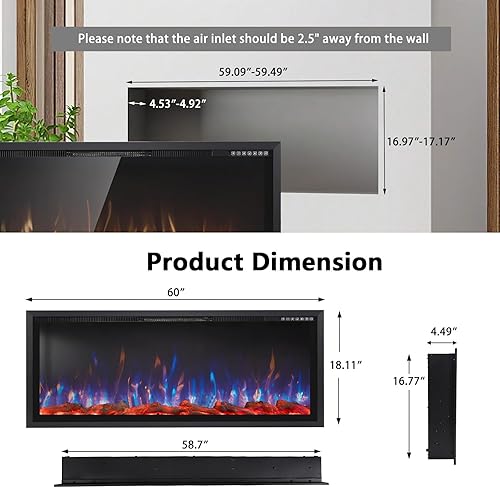 Miniatura 2 de Chimenea eléctrica de 60 pulgadas, marco de aluminio ultra estrecho y pantalla ancha, insertos de chimenea eléctricamontado en la pared con