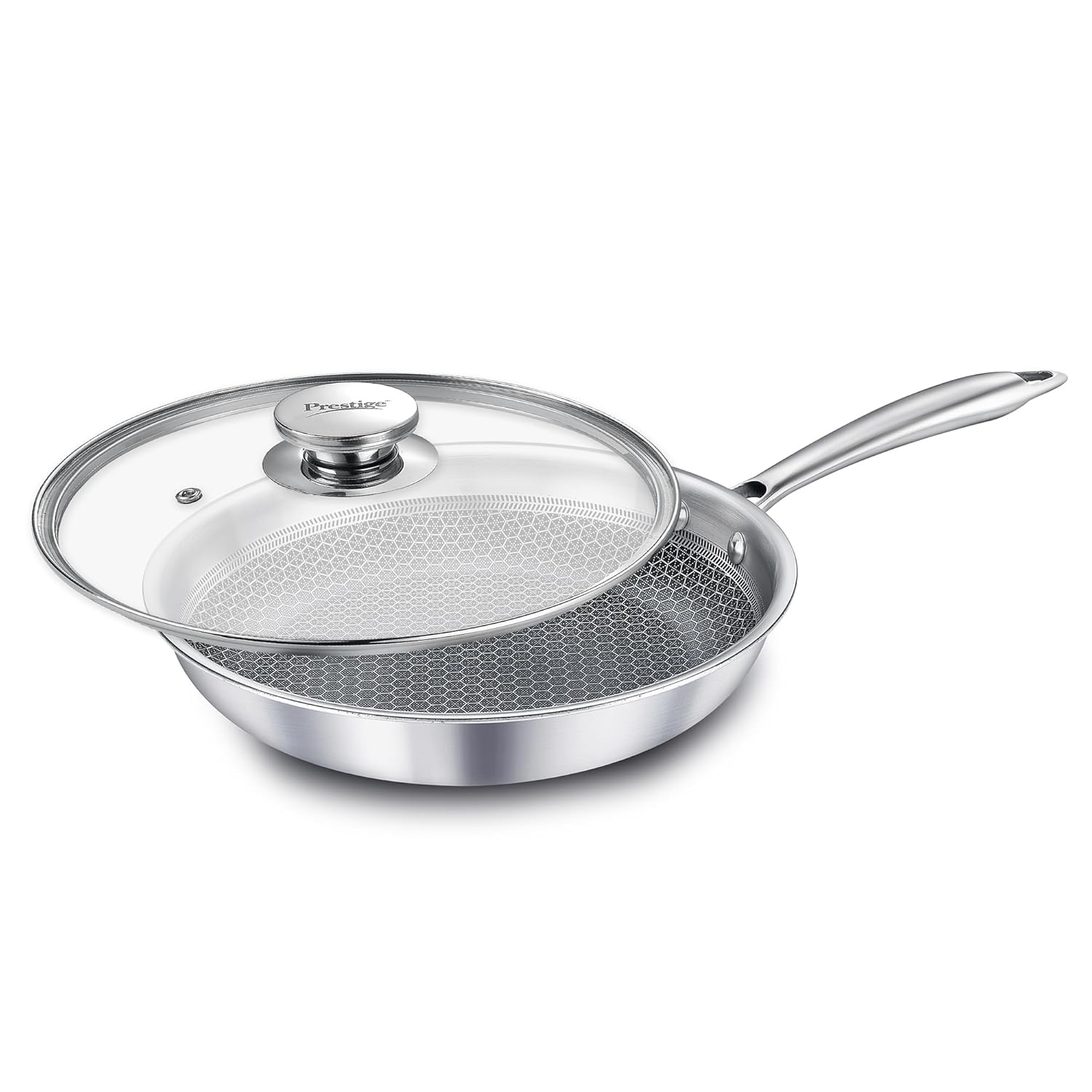Prestige 20cm/1.0L Tri-Ply Stainless Steel Hexamagic Fry Pan with Lid|Honeycomb Structure|Durability of Triply|Metal Spoon Friendly|Gas & Induction Compatible|Dishwasher Safe|Low Oil Consumption|Grey