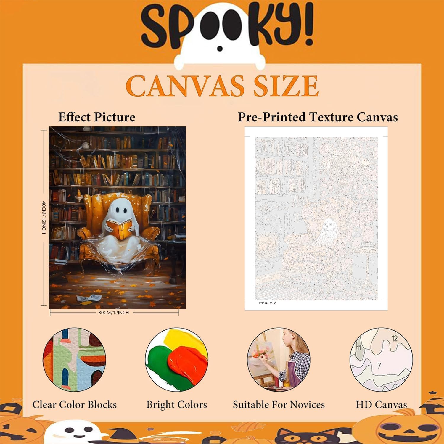 pchmcu 6 Pack Paint by Numbers Kit for Adults,Ghost Adult Paint by Number Kits on Canvas for Beginner, Halloween Acrylic Oil Painting by Numbers Kits for Home Decor 12x16 inch