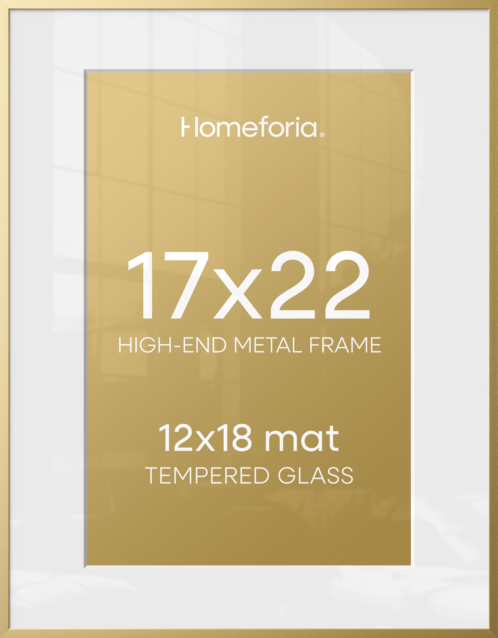 Homeforia 17x22 Picture Frame Gold, High End Metal 17x22 Poster Frames with Mat 12x18 Photo, 17 x 22 Gold Frame Matted to 12 by 18 Print, 22by17 Thin Hanging Frames, Tempered Glass, Wall Kit, Set of 1