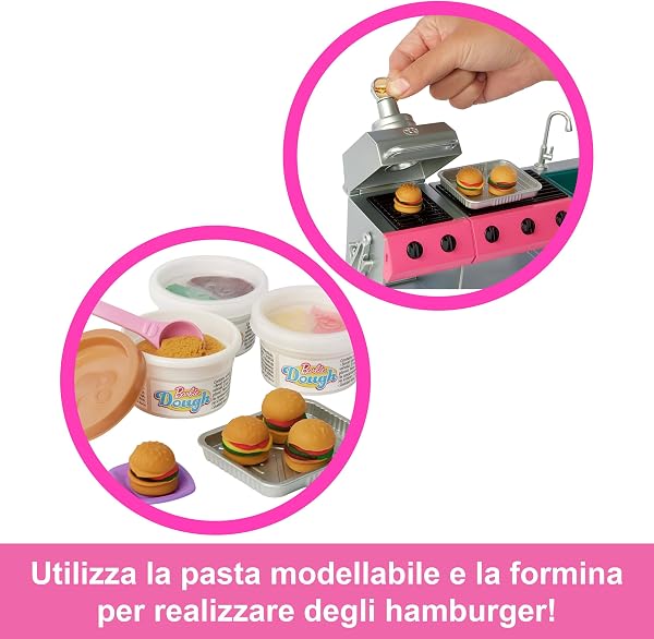 Barbie - Camper dei Sogni, veicolo con oltre 60 accessori e pasta modellabile, effetto cambia colore, include tenda sul tetto e altalena, giocattolo per bambini, 3+ anni, HRJ78 - 5