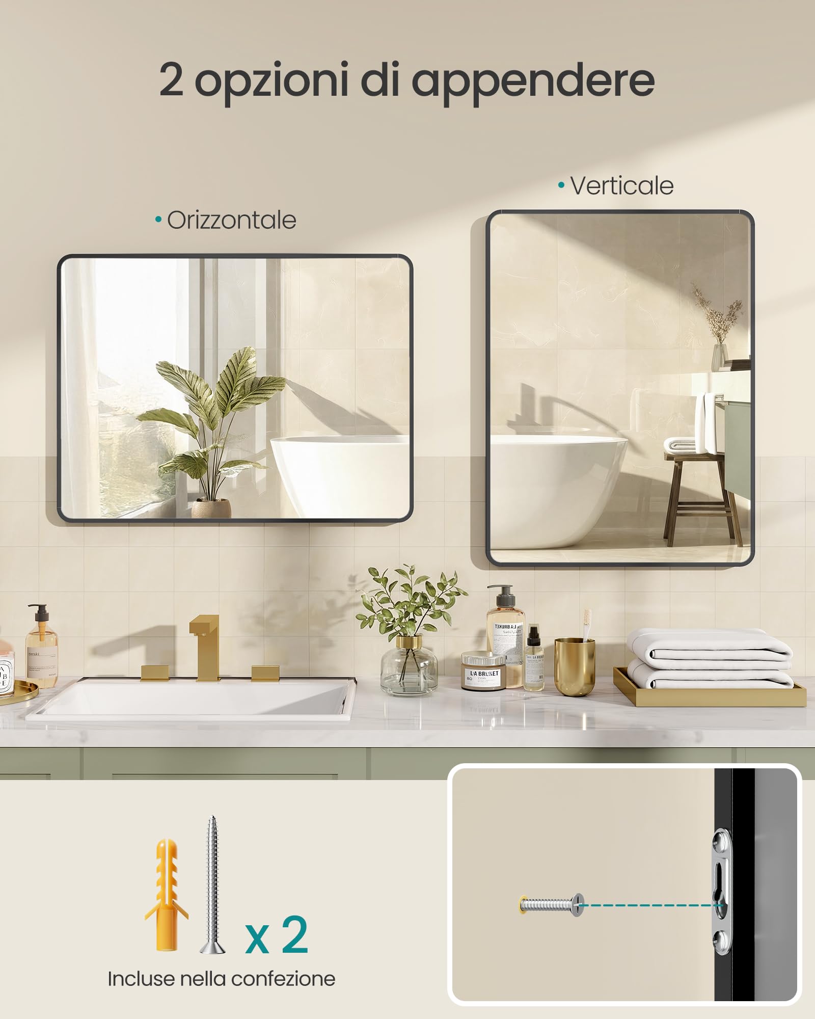 SONGMICS Specchio Bagno, Specchio da Parete, Rettangolare, Cornice in Alluminio, 81 x 61 cm, Pellicola di Sicurezza, 2 Opzioni di Sospensione, Soggiorno Camera da Letto, Nero Inchiostro LWM014BD01