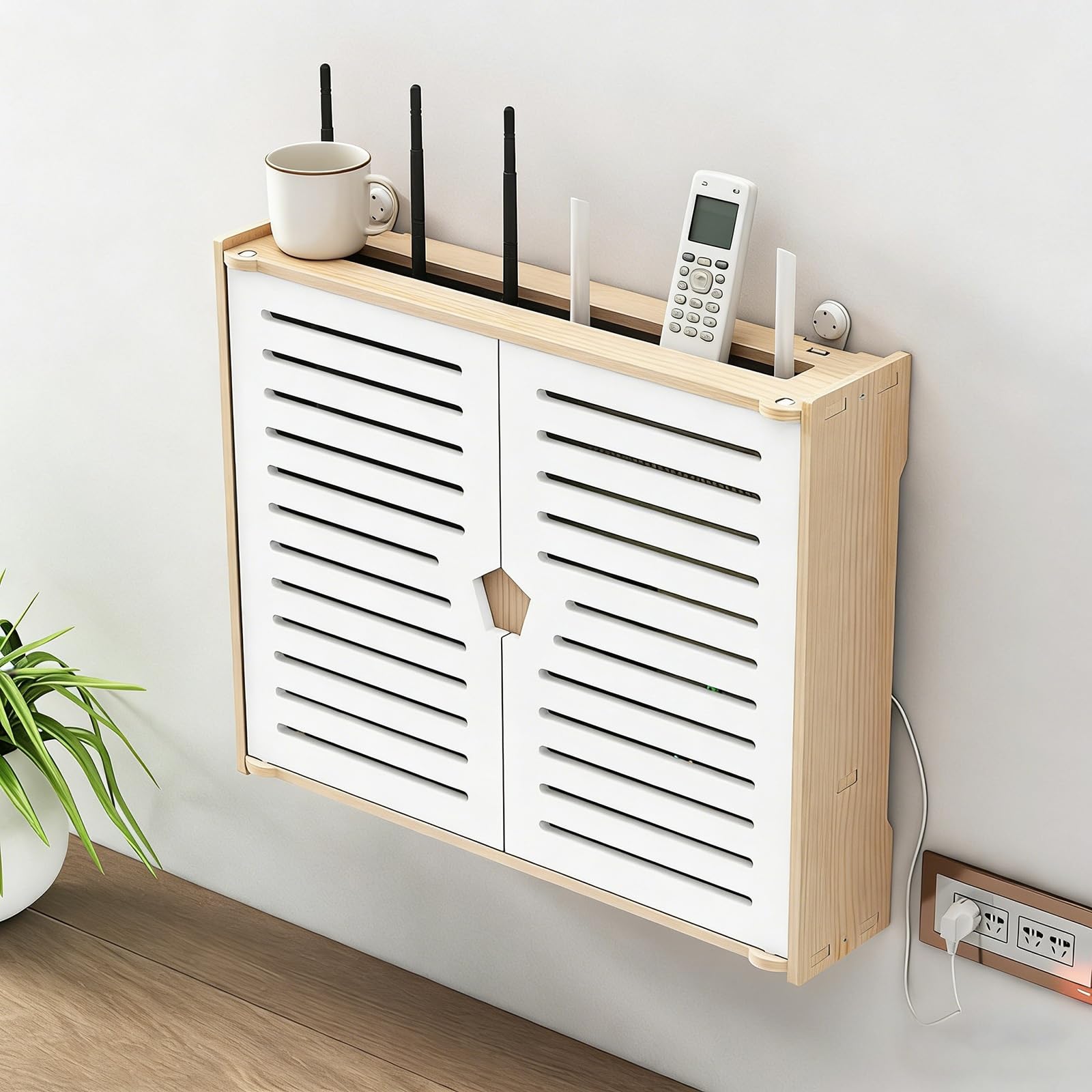 Organisateur de routeur Mural，Support WiFi en Bois avec Dissipation Thermique, Gestion de câbles et sans perçage pour Modem, décodeur TV, Salon(42x38CM16.5x15in)