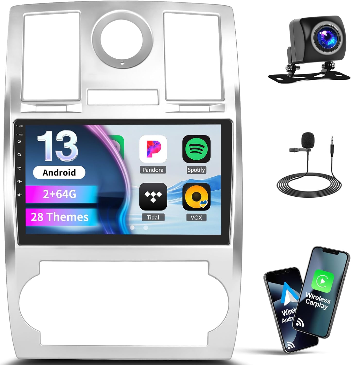 2+64G Android 13 Car Stereo for Chrysler 300C 2004-2011 with Wireless CarPlay Android Auto, 9“ IPS Touchscreen Radio with WiFi GPS Mirror Link FM RDS Bluetooth SWC EQ + Backup Camera