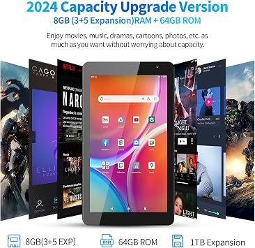 PRITOM 7 inch Android 14 Tablet PC with 8GB RAM 64 GB ROM,512GB Expand, 8-Core, 5G WiFi, Dual Camera, Bluetooth, 7 Tablet, Black