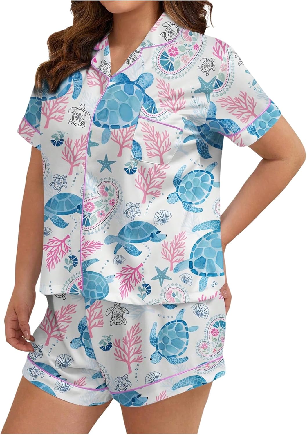 WDIRARA Women's Plus Size Sea Turtle 2 Piece Pajama Set Cute Short Sleeve Button Down Shorts Pjs Sleepwear