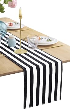 BOXAN Classic Black and White Striped Table Runner, Modern Stripes Pattern Elegant Cotton Canvas Table Top Decor for Art Deco Wedding, Bridal Shower, Bachelorette Party Decorations, 12" x 72"