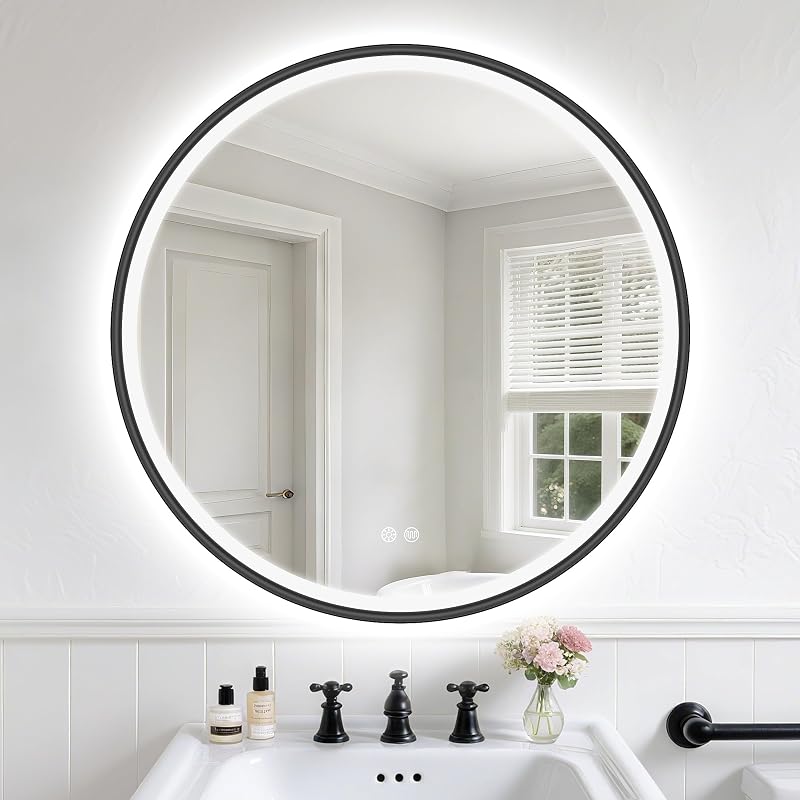 S'bagno Kerek Fürdőszobai Tükör 600 mm - Alumínium Keret, LED Világítás, Páramentesítő Funkcióval, 3000-6500K Színhőmérséklet, Fekete