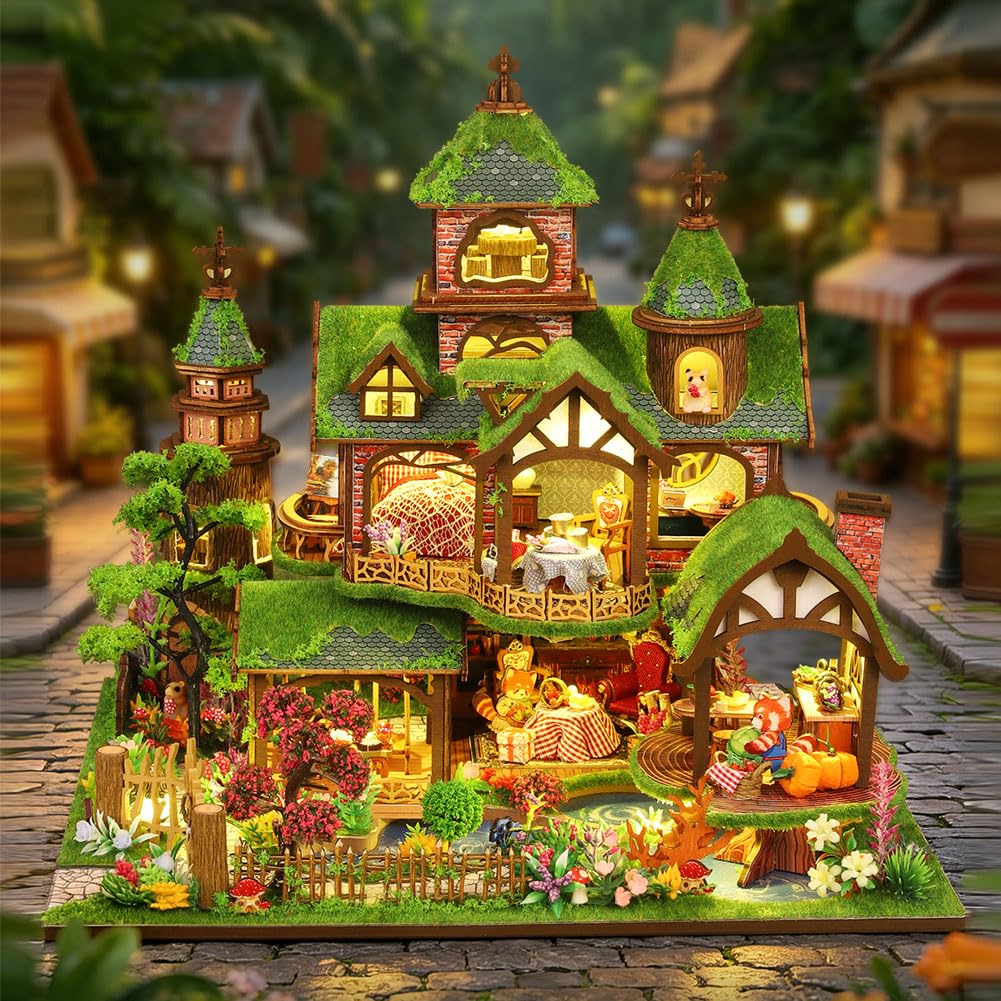 Fantasy Las DIY zestaw do budowania domku dla lalek, domek dla lalek z drewna do montażu, puzzle z meblami i oświetleniem LED, kreatywny prezent dla chłopców i dziewczynek