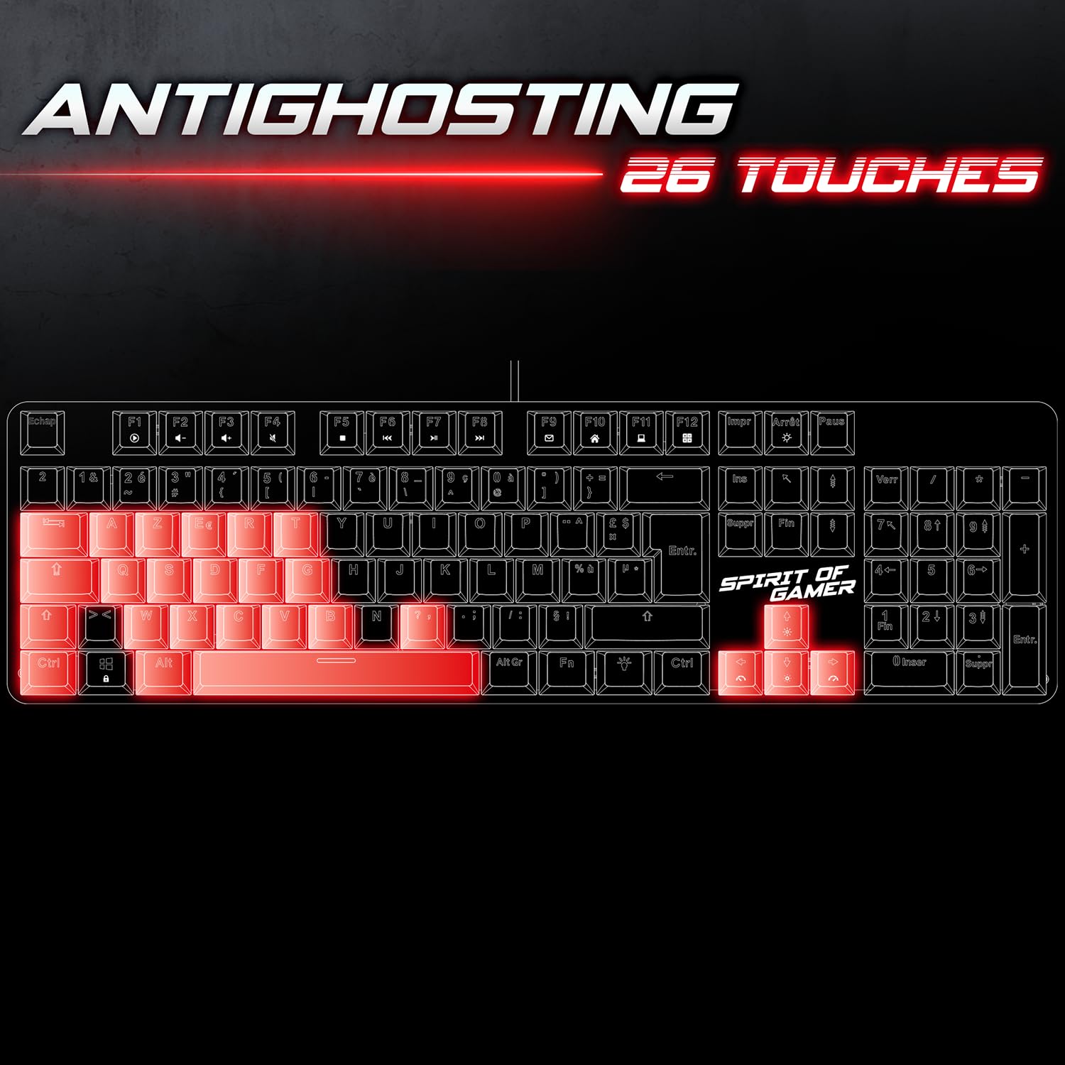 Spirit Of Gamer XPERT K250, teclado mecánico AZERTY Swtich rojo, 17 modos de retroiluminación RGB, tecnología N-Key Rollover de 26 teclas antighosting, conexión por cable, 2 interruptores incluidos,