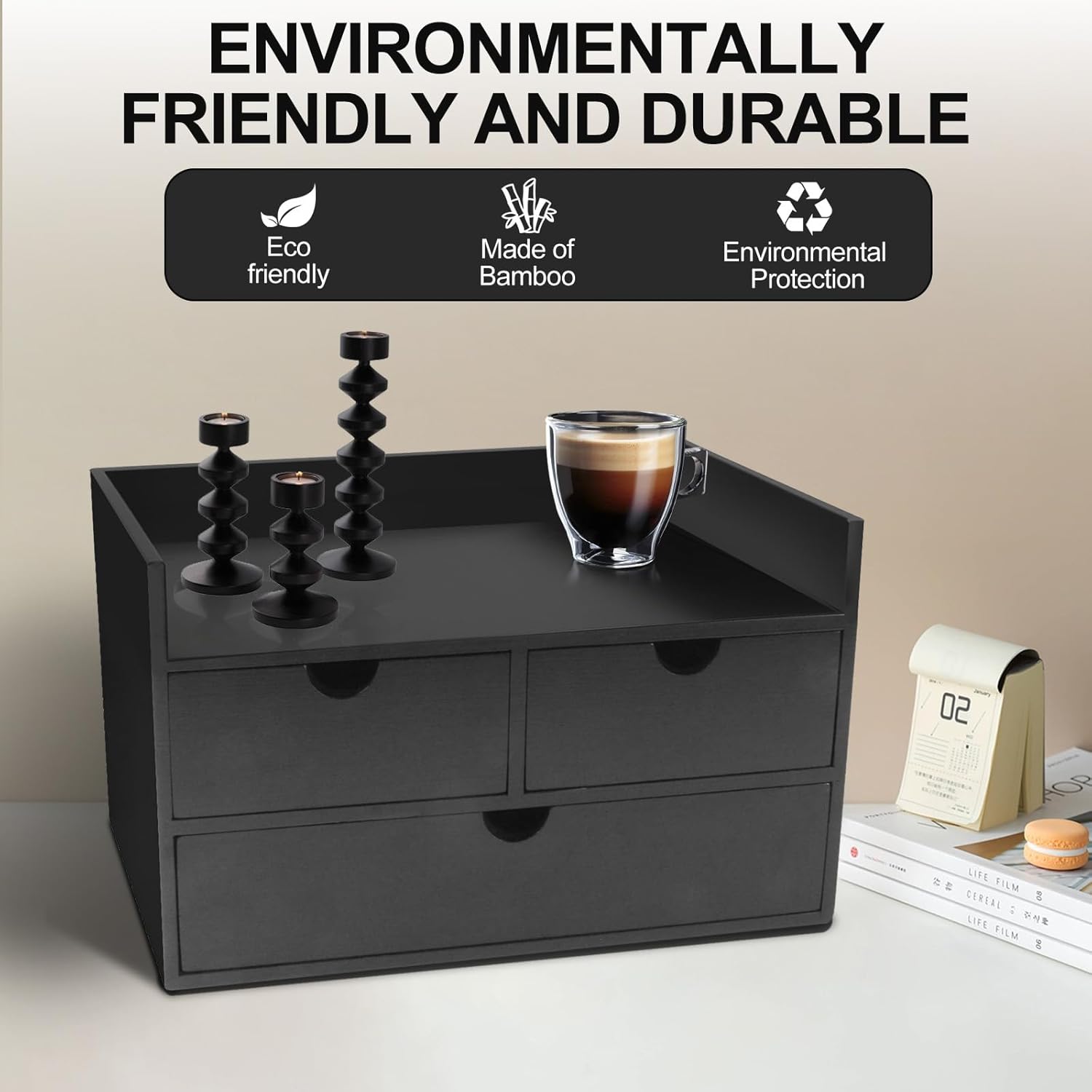 Charmewooden Desk Organizer with Drawers Countertop Drawer Organizer Drawers for Desk Top Home Office Workspace Bathroom Toiletries Supplies (black with shelf)