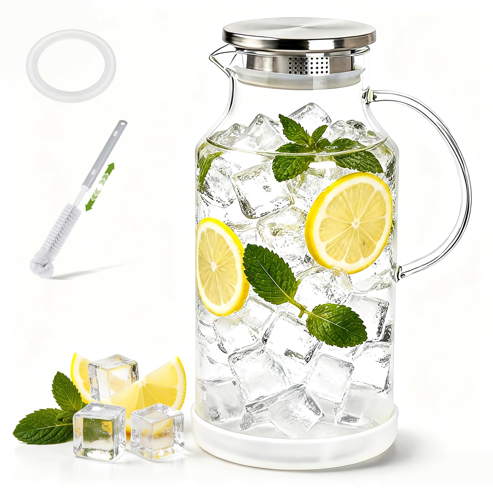 Photo 1 of 1 Gallon/3.8L Glass Pitcher with Lid, Extra Large Water Carafe Jug, Borosilicate Glass Iced Tea Pitcher, Glass Water Pitcher with Silicone Base, Leak-proof Ring & Cleaning Brush Included (Transparent)