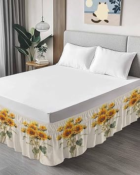 Sunflower Bed Skirt King Size 16 Inch Drop, Adjustable & Elastic Wrap Around Bed Skirts Pleated Luxury Dust Ruffles for Twin Full Queen Cal King Base Bed, Rustic Pastoral Pastel Plant Floral Summer