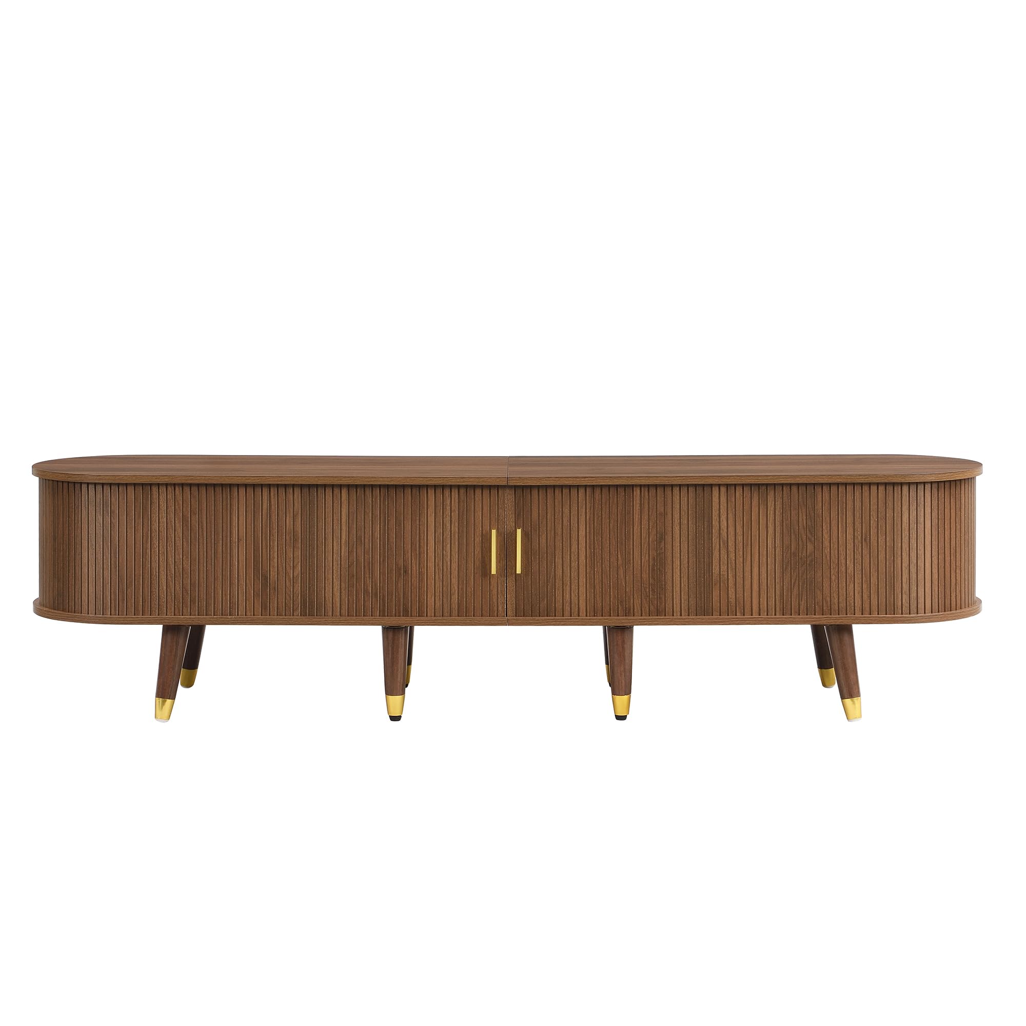 Merax Meuble TV 175 x 38 x 45 cm, style maison de campagne, avec porte coulissante en rotin, aspect noyer, beaucoup d'espace de rangement, compartiments ouverts, tiroirs et armoire, détails dorés