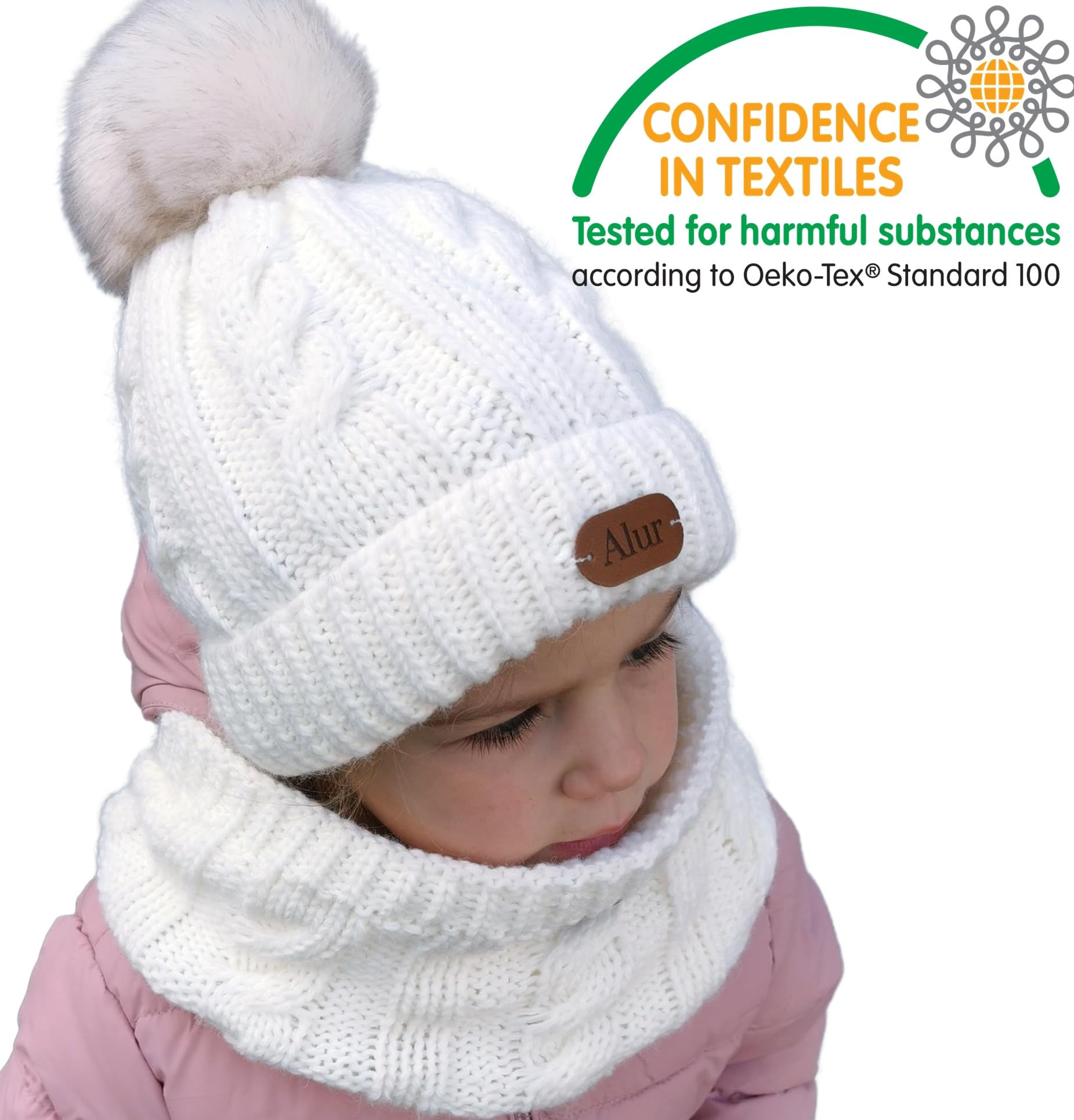 Alur Gorro Invierno Niña y Niño con Bufanda Bebe Cálido - Universal Conjunto Gorro con Pompon y Bufanda Unisex - Suave Gorro y Bufanda de Punto para Niña y Niño (A1)