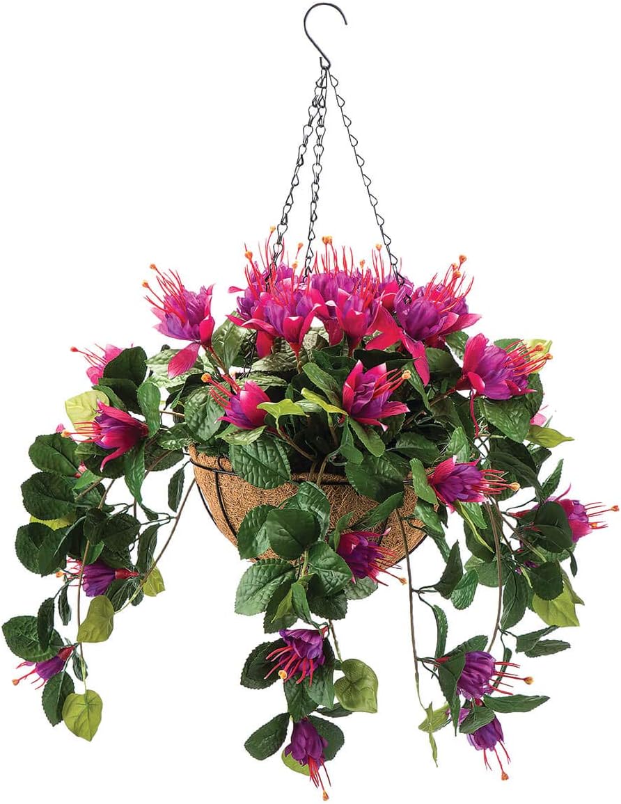 OakRidge Fully Assembled Artificial Fuchsia Hanging Basket – Polyester/Plastic Flowers in Metal/Coco Fiber Liner Basket for Indoor/Outdoor Use (Purple)