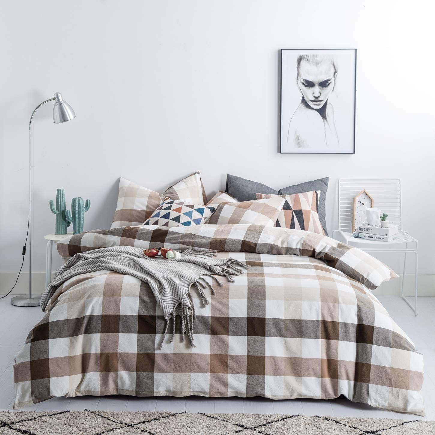 SUSYBAO Plaid Duvet Cover Queen 100% Washed Cotton Buffalo Checkered Duvet Cover 3 Pieces Set 1 Brown Gingham Duvet Cover with Zipper Ties 2 Pillowcases Luxury Soft Beige Grid Bedding Set Durable