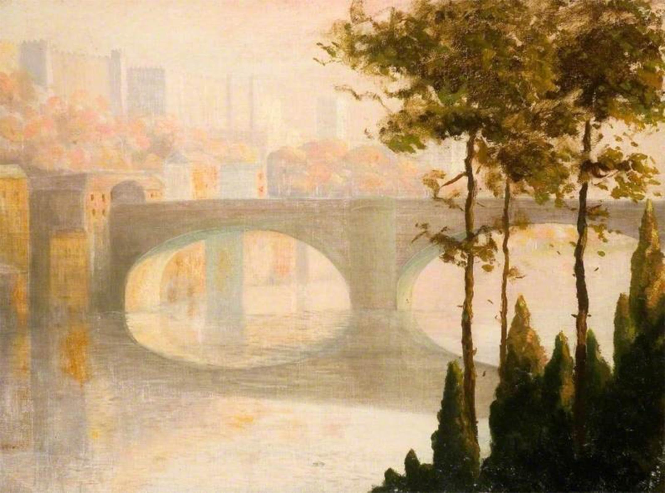 POSTERIIk Vintage Art Print Images Pictures Print View Across a River with an Arched Bridge by Thomas E Mostyn Modern Colour Posters for Office Home Decor 60x90cm
