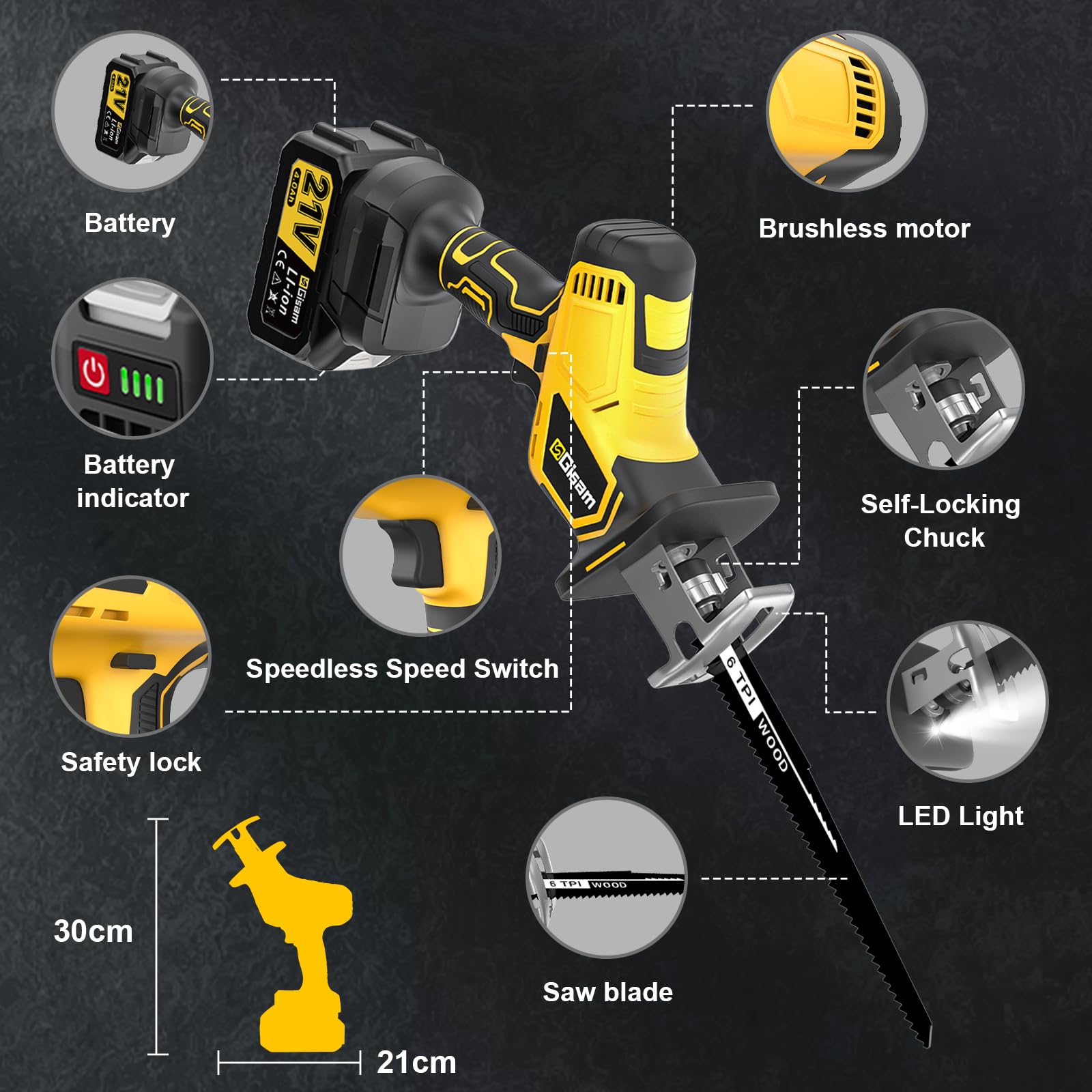 Gisam Sega a sciabola a batteria, 3500 SPM, silenzioso, motore brushless (con 1 batteria)