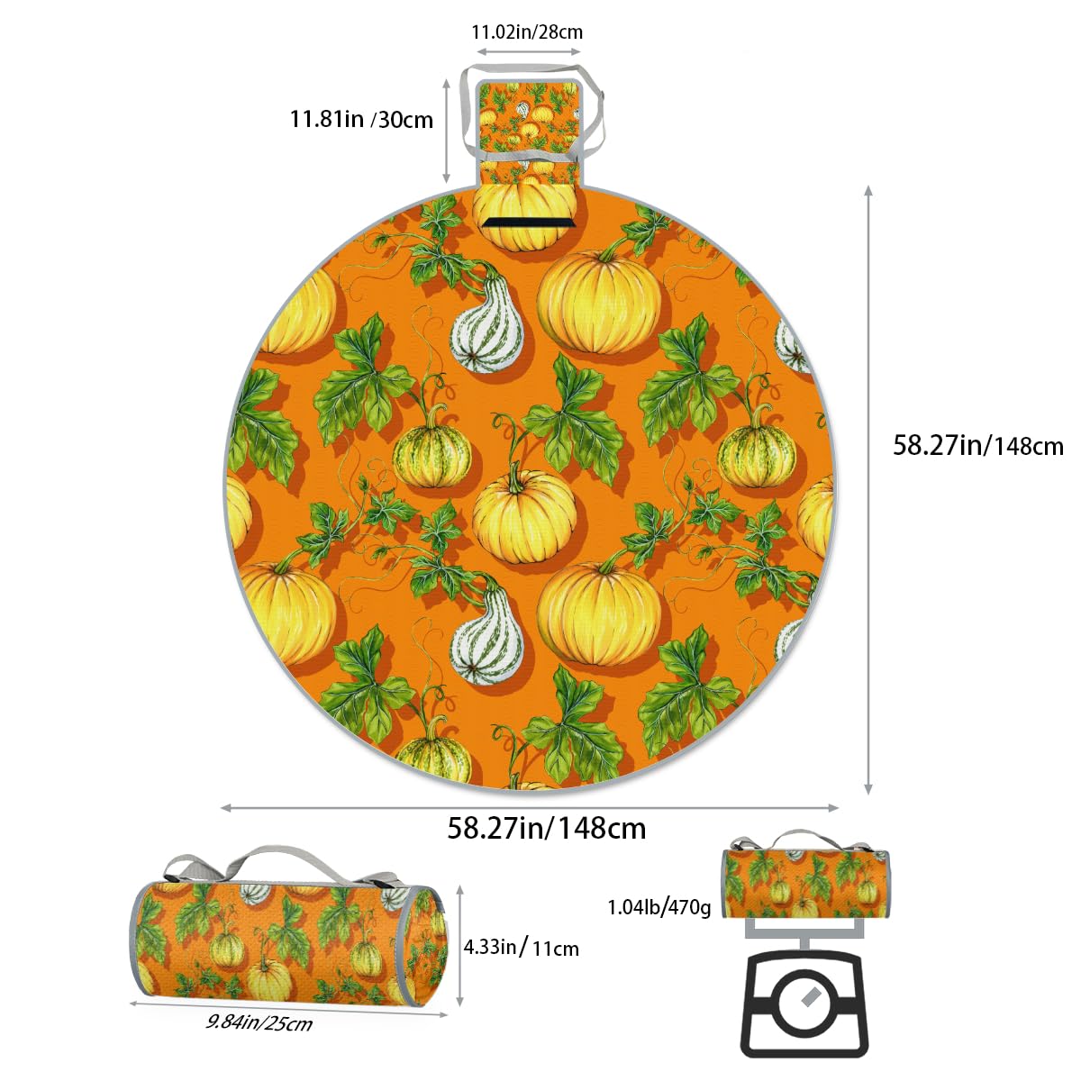 Shimoshe Beautiful Pumpkin Picnic Outdoor Blanket Foldable Waterproof Sandproof Beach Blanket Portable Water-Resistant Round Picnic Mat for Travel Camping Park Lawn