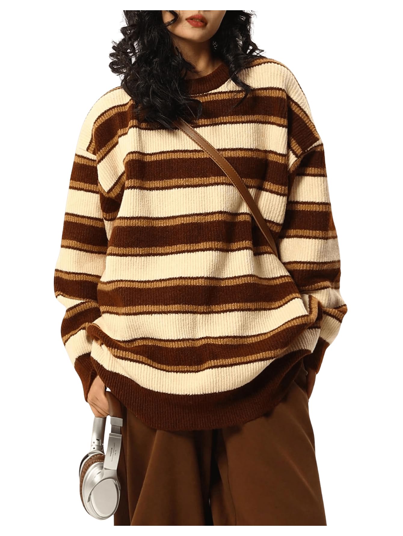 SOLY HUX Womens Striped Oversized Sweater Vintage Crew Neck Dressy Casual Knit Pullover Tops