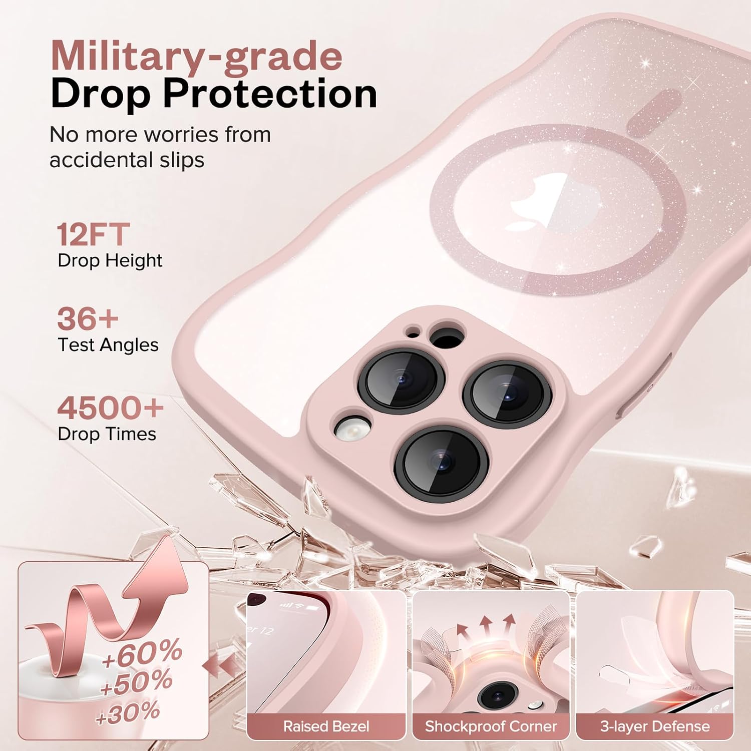 GVIEWIN for iPhone 16 Pro Case Compatible with Magsafe, [Full Camera Protection] [Not Yellowing] Wavy Frame Shockproof Gradient Glitter Slim Women Phone Cover with Camera Control, Champagne