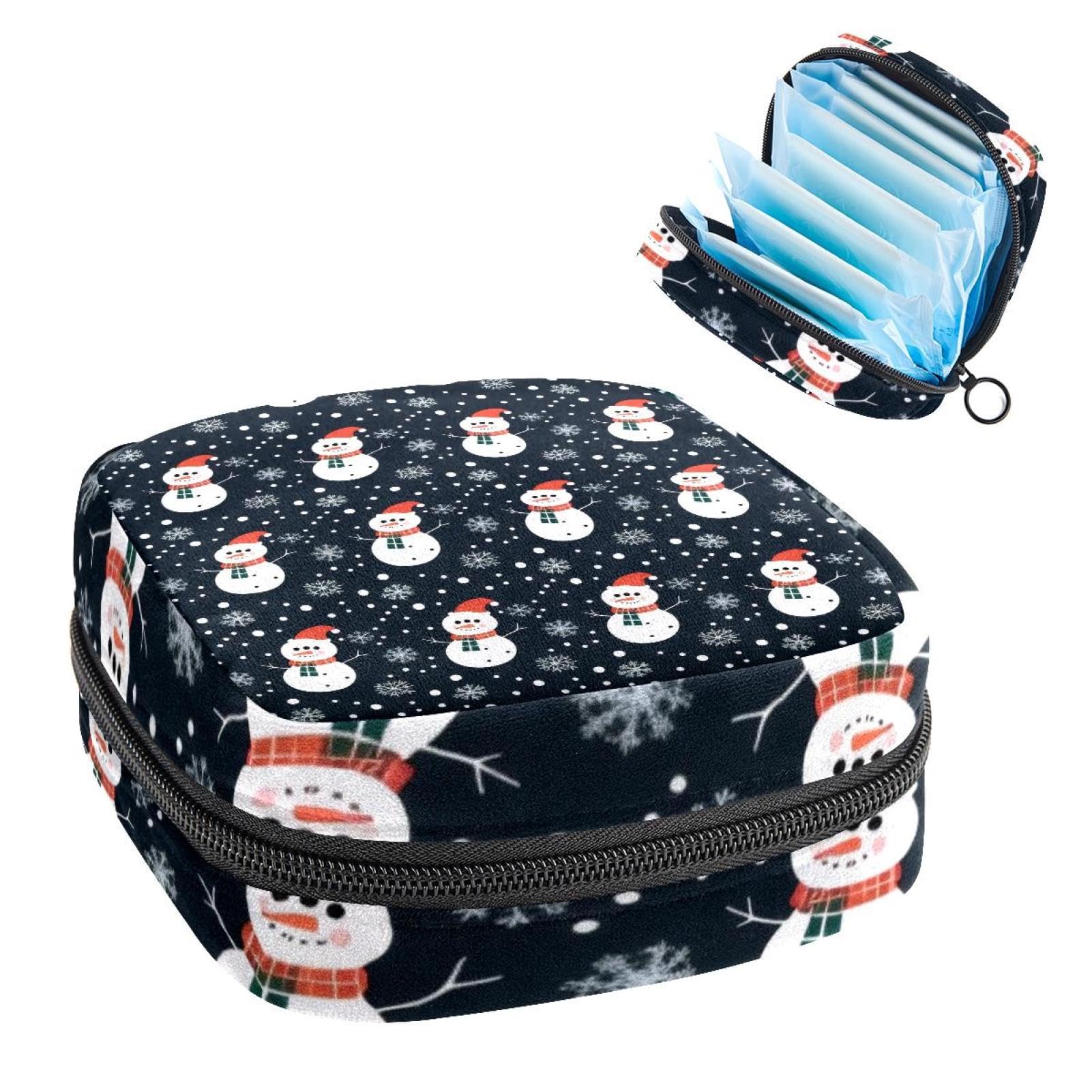 Sanitary Napkin Storage Bag for Feminine Pads, First Period Kit for Women, Merry Christmas Snowman Snowflake Black Portable Menstrual Period Sanitary Pouch