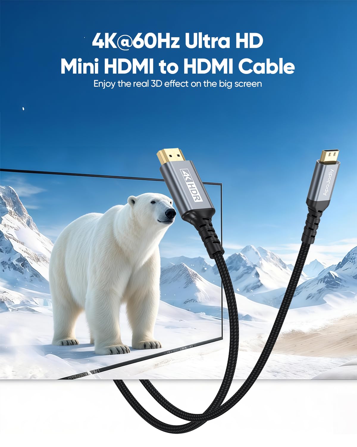 Câble HDMI vers Mini HDMI 4K tressé de 2,8 m, 4K @ 60 Hz, 18 Gbit/s, HDR, 3D, ARC, HDMI Mini 2.0 compatible avec moniteur portable, appareil photo, caméscope, tablette, téléviseur HD