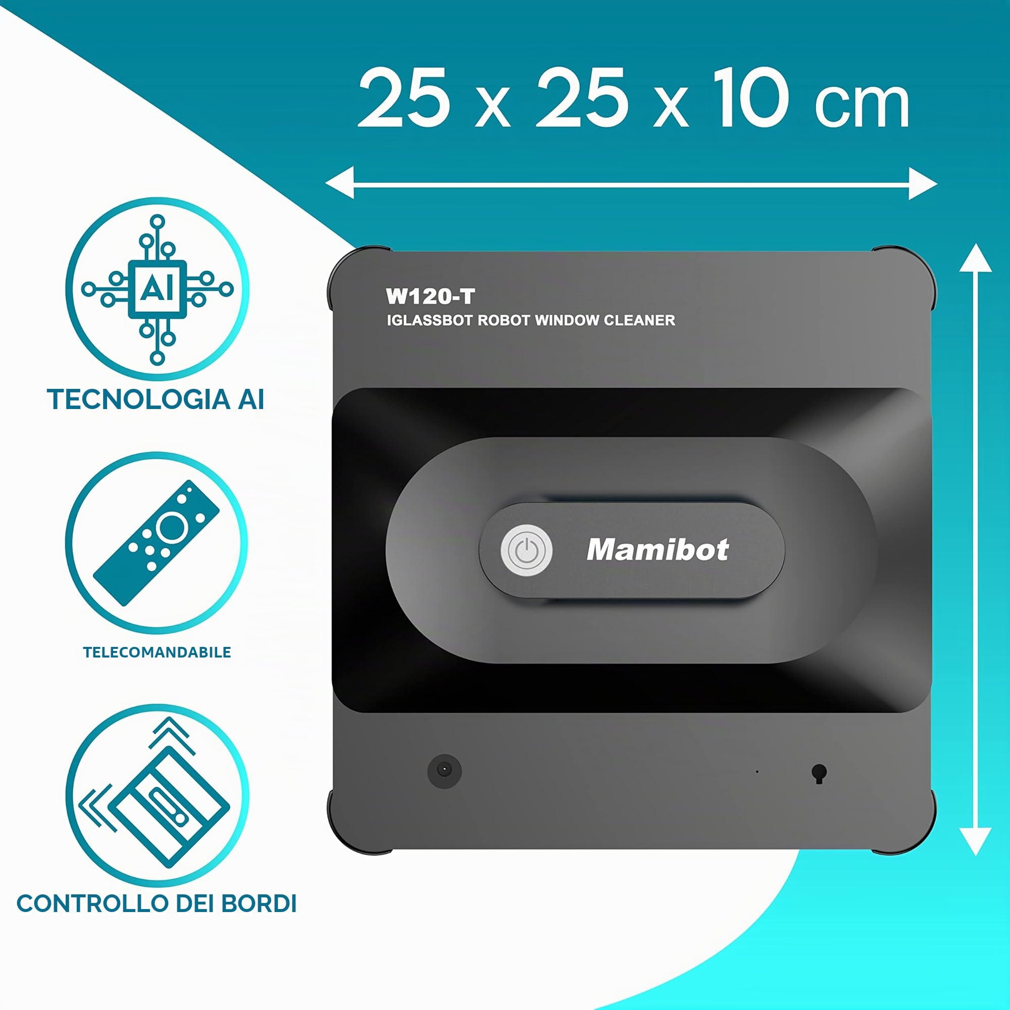 Mamibot Robot per finestre W120-T [1 m² in meno di 3 min] – Aspirapolvere automatico per finestre con panni in microfibra – Pulizia flessibile e sicura su diverse superfici – facile controllo dell'app