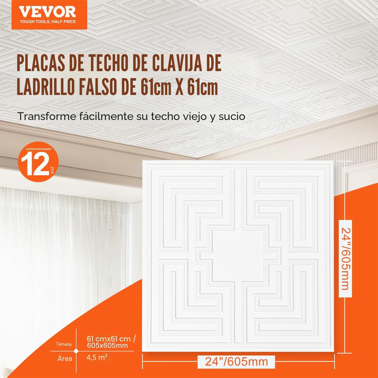 VEVOR Paneles para Techo Suspendidos, Paquete de 12, Láminas de PVC de Primera Calidad, Fácil Instalación/Corte, Plástico, para Decoración del Hogar/Oficina, Patrón de Eco Blanco, 605 x 605 mm