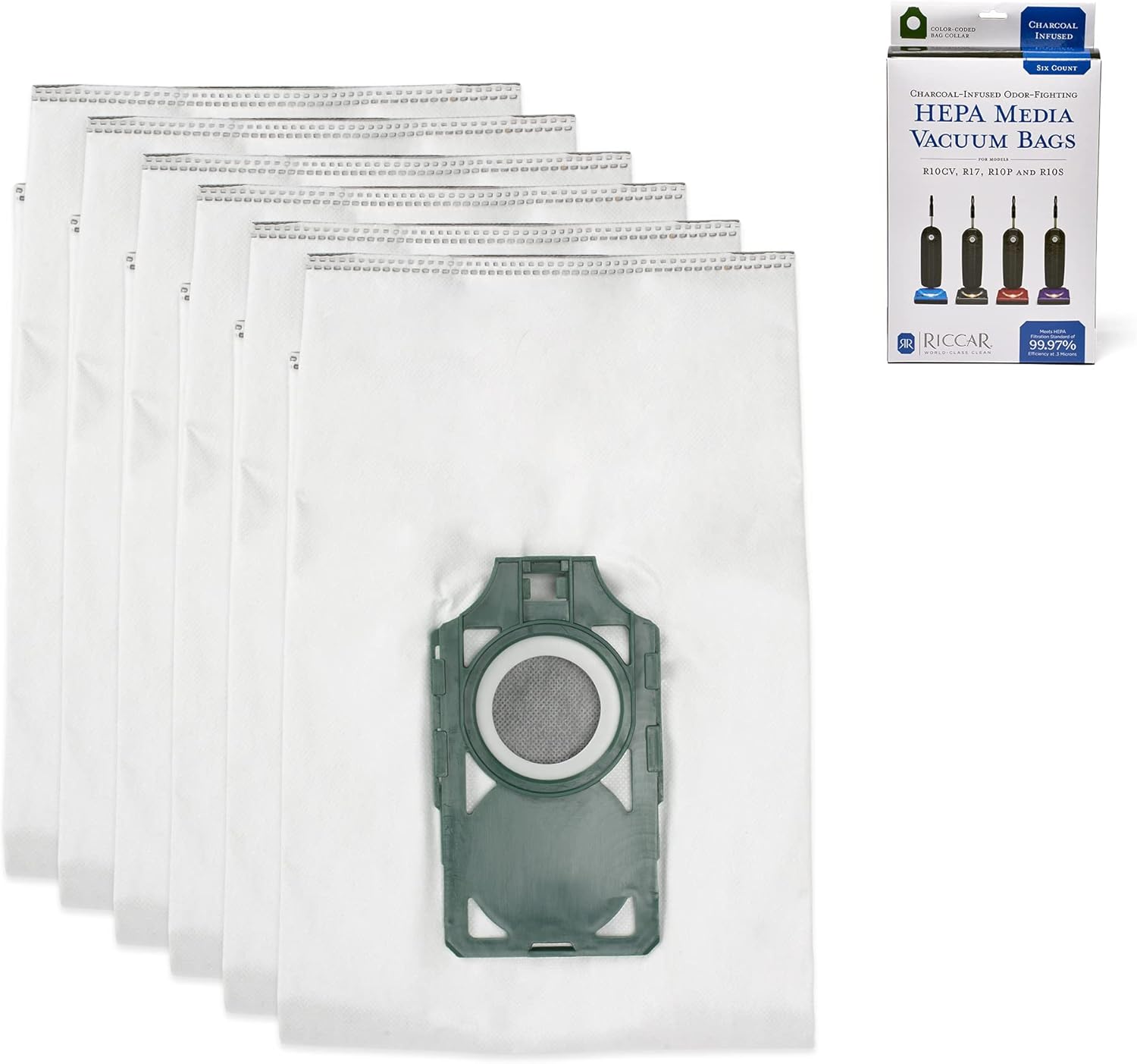 Riccar R10 HEPA Vacuum Cleaner Bags, Charcoal-Infused SupraLite Series Green, Six Bags Included, RLHC-6