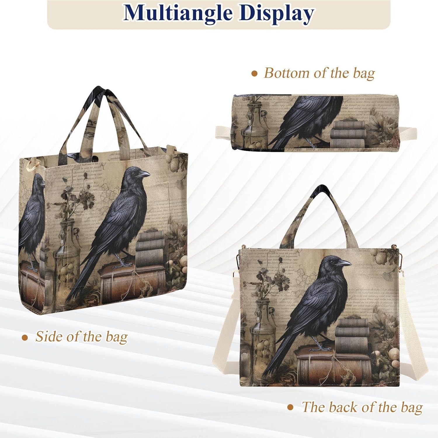 Corduroy Tote Bag for Women Gothic Crow Book Print, Handbag Purses with Detachable Strap Size Small