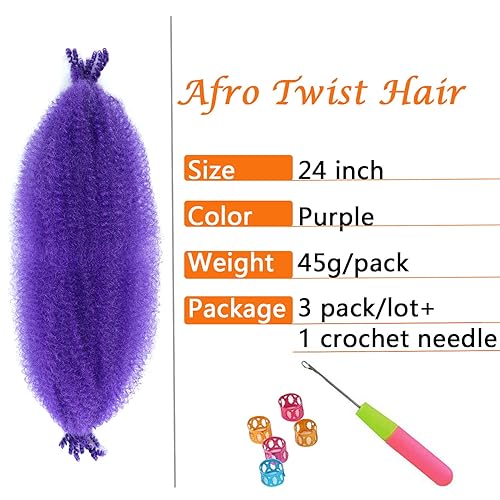 Miniatura 2 de Cabello elástico afro torcido de 24 pulgadas, paquete de 3 trenzas de color púrpura, preesponjado, trenzado estilo marley para mujeres negras