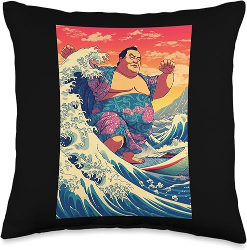 Miniatura 1 de Funny Sumo Wrestler Surfing on Kanagawa Wave - Almohada de 16 x 16 pulgadas, multicolor