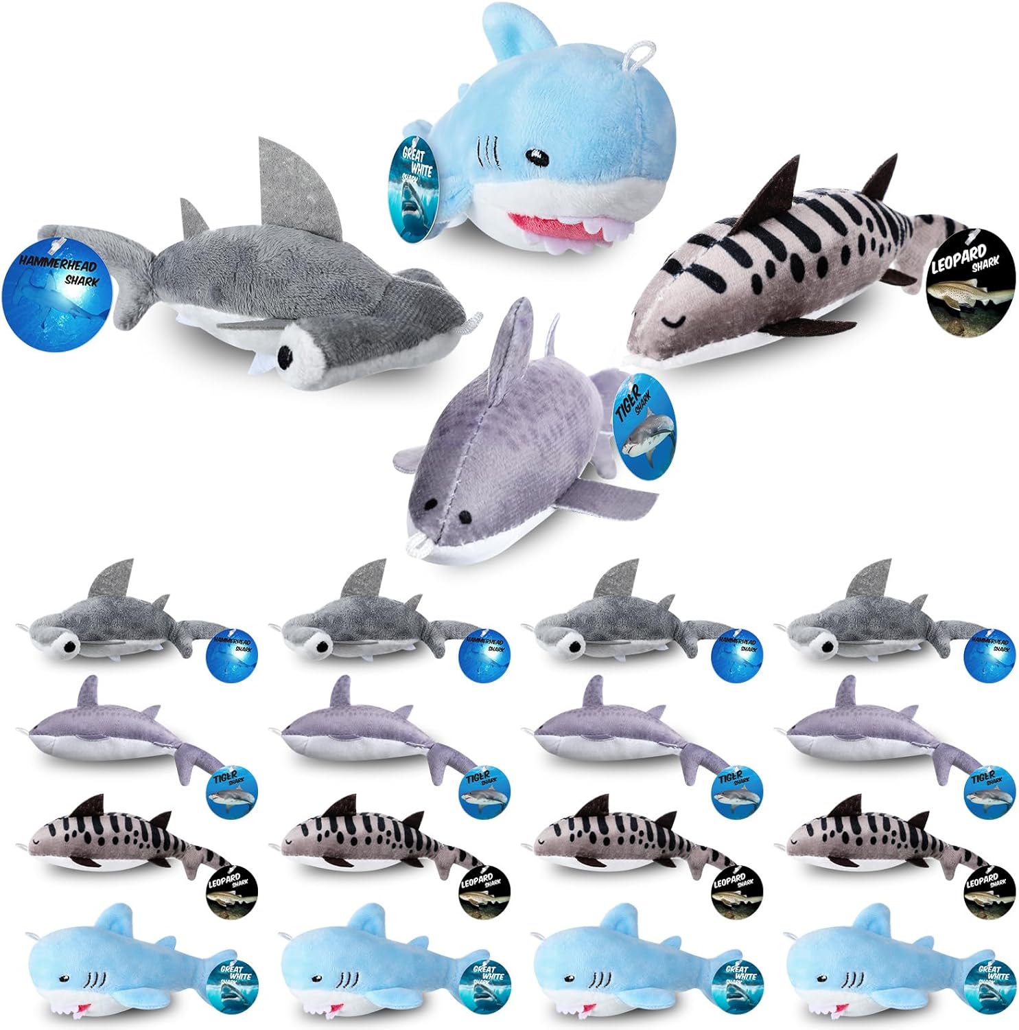 16 Sets Shark Party Favors Mini Shark Stuffed Animal with Lanyard and Educational Cards Sea Animal Plush Bulk for Kids Ocean Party Gifts