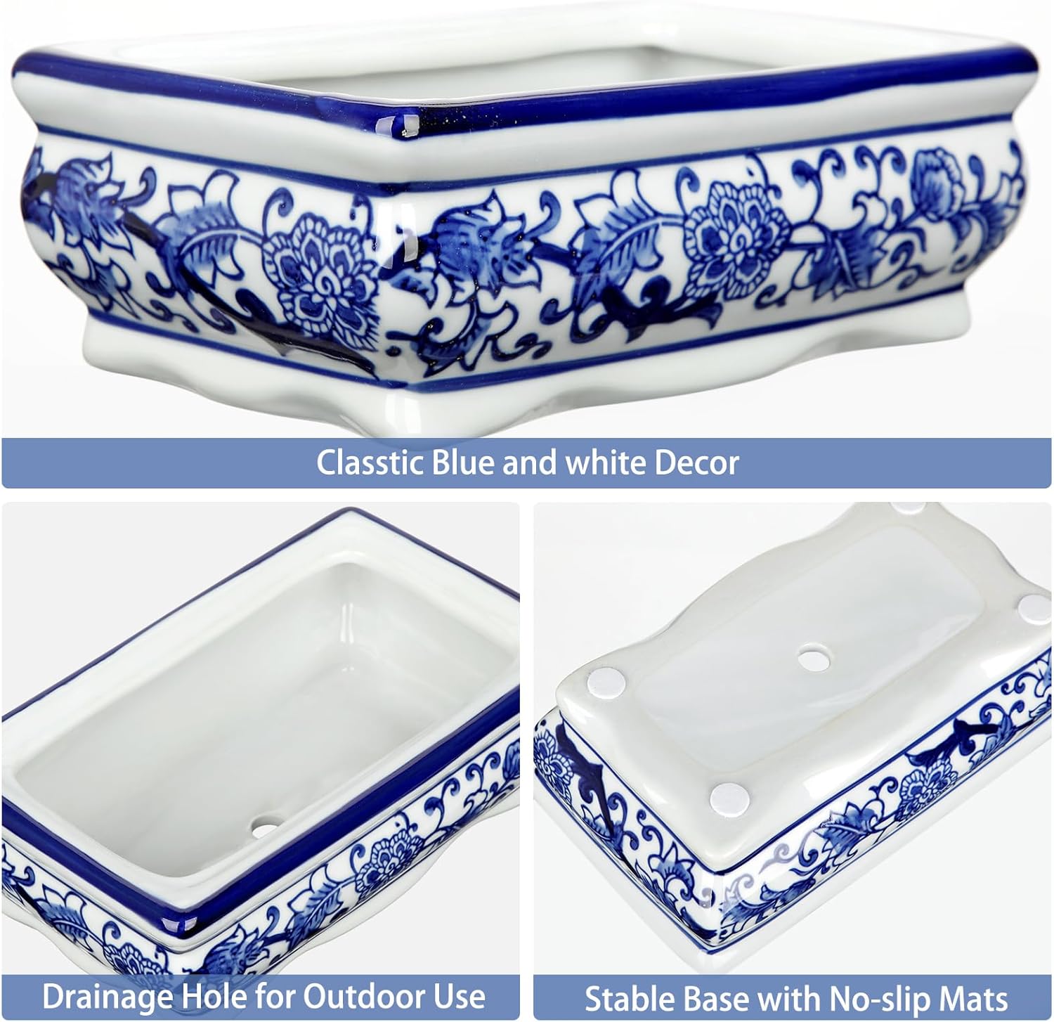 Set of 2 Blue & White Ceramic Bonsai Pots, 7.4" & 4.9" Rectangular Bonsai Planters Pots with Drainage for Outdoor Decor, Small Shallow Bonzie Tree Pot for Succulents, Cacti, Orchids, Herbs Plant Pot