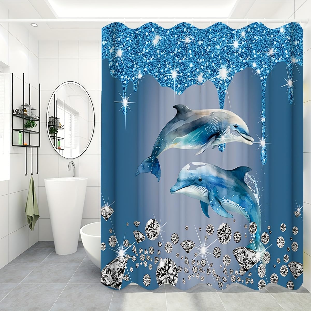 GLKSDLPO 1pc Sparkling Diamond Dolphin Print Shower Curtain, Polyester Fabric Shower Curtain, Bathroom Decoration with Hooks(148x202cm/58x80in(WxH))