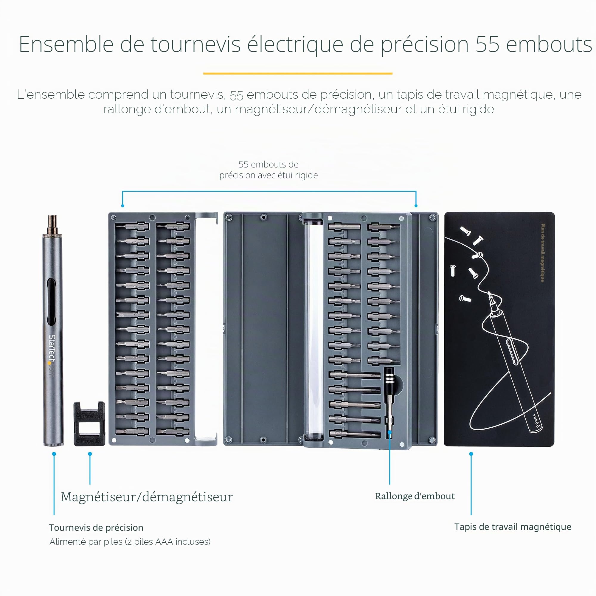 StarTech.com Set Tournevis de Précision Électrique - 55 Embouts - Portable - Alimenté Batterie - Réparation Portable, Ordinateur, Tablette & Smartphone - Tapis Magnétique (CTK55PCEDRIVE) | Tapis de travail magnétique, Sans fil portable à piles, Réparation