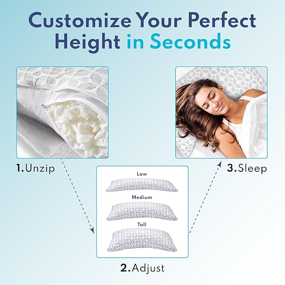 BLISSY Adjustable Memory Foam Pillow for Sleeping (Queen Size) - Cooling Gel Pillows for Side Sleepers with Shredded Foam for Customizable Loft - CertiPUR-US & Oeko-TEX