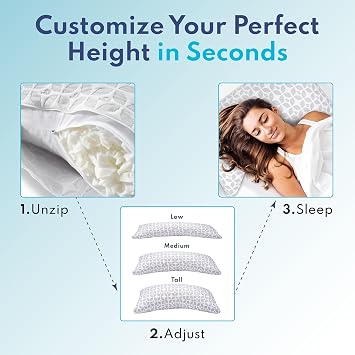 BLISSY Adjustable Memory Foam Pillow for Sleeping (Queen Size) - Cooling Gel Pillows for Side Sleepers with Shredded Foam for Customizable Loft - CertiPUR-US & Oeko-TEX
