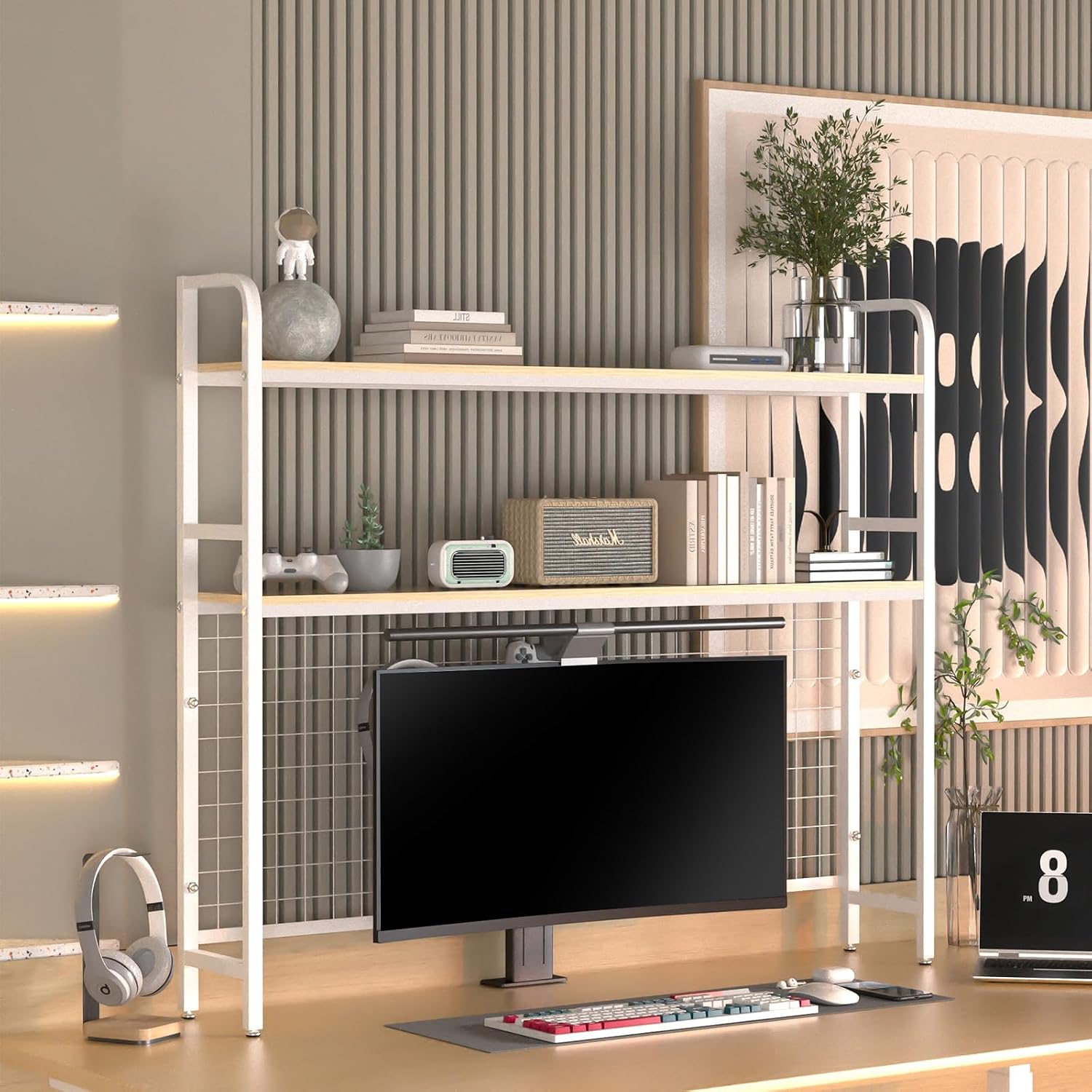 FAHKNS Desktop Bookshelf Organizer, 2-Tier Desk Book Organizer, Multifunctional Metal Desktop Bookshelf with 3 Hooks & DIY Storage Mesh for Office/Game Room/Study/Powder Room (White)