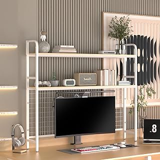 FAHKNS 2-Tier Desktop Bookshelf - Metal Desktop Bookshelf Organizer，Desk Book Organizer with 3 Hooks & DIY Storage Mesh，Suitable for Office/Game Room/Study/Powder Room（White）