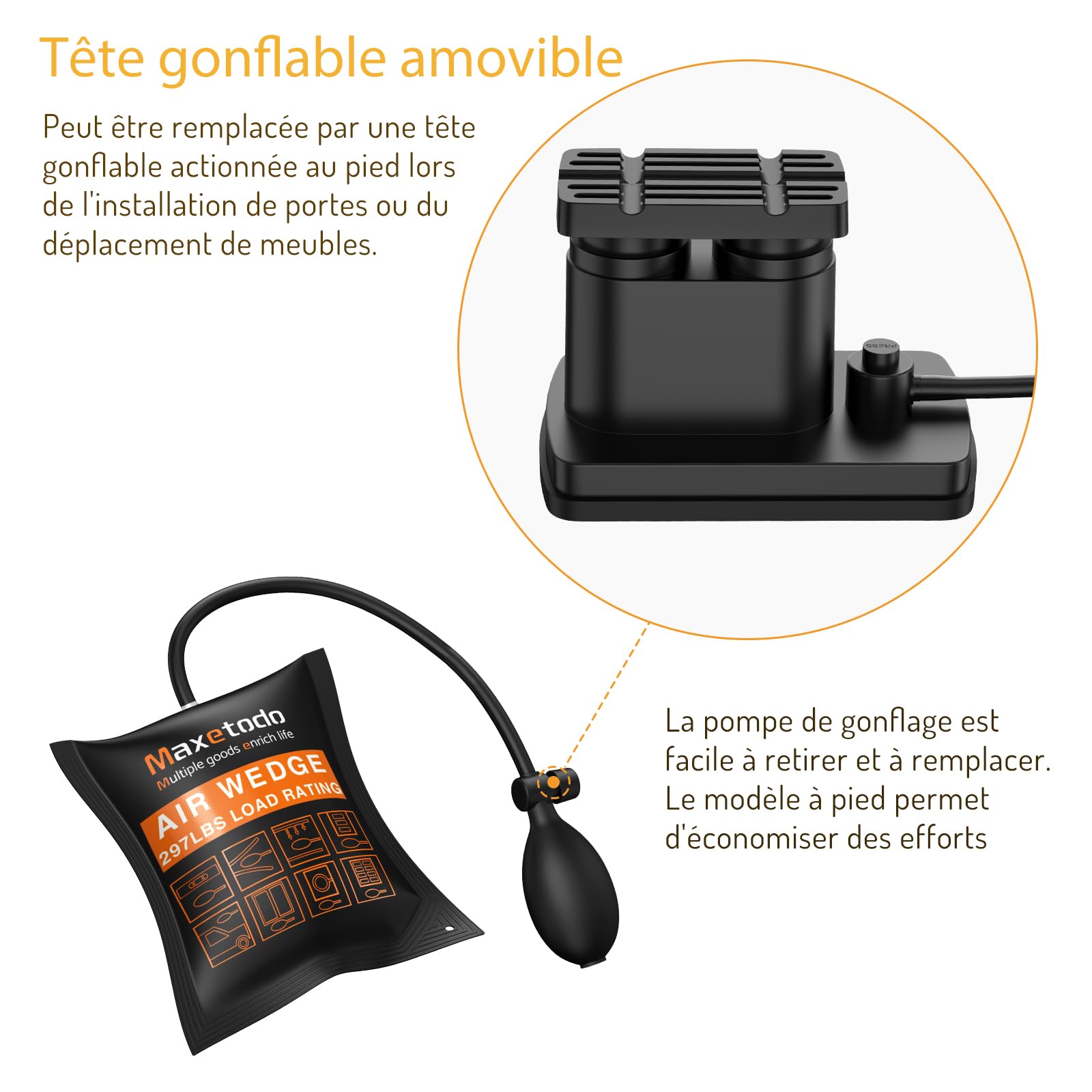 Coussin Gonflable De Levage pour Soulever Meubles Lourds Jusqu'a 440lbs Hauteur 6cm pour Installation De Porte Et Fenêtre À Domicile Et Réparation Automobile (Pompe à Pied et à Main 2pcs)