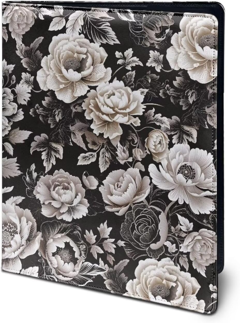 Coldinair Blossom Floral Business Padfolio with Notepad Black Flower Rose Leather Portfolio Padfolio Organizer with Business Card Holde Clipboard with Notepad