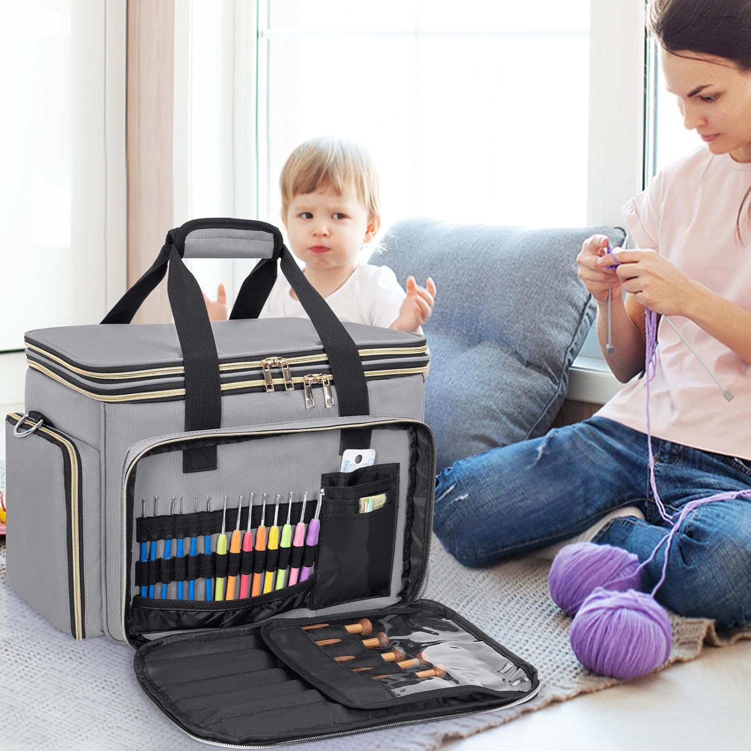 Knitting Bag Yarn Storage Tote, Large Crochet Organizer Bag, Yarn Holder Case for Knitting Needles, Knitting Project Bag with Inner Divider for Crochet Hooks, Knitting Accessories, Grey